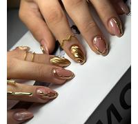 24 short almond gold, shiny finish and unique wavy design, perfect for acrylic nails for women and girls