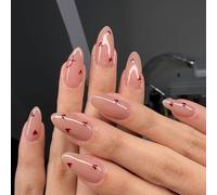 24 Short Almond Press-On False Nails, Nude Pink With Red Heart Motifs | Glossy Ready-Designed Manicure Set, Coordinated Decorated Tips, For Everyday Wear Or Pairing With Simple Occasion Outfits
