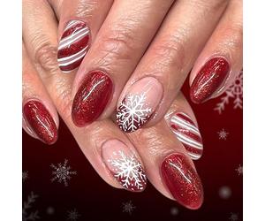 24 Short Oval Press-On False Nails, Red Glitter Snowflake Stripe Designs | Includes jelly adhesive, translucent nude and white accents, coordinated manicure for home, winter parties and festive events