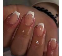 24 Short Square French Tip Press On Nails - Reusable Fake Nails Kit with Nude Pink Glossy White Full Coverage Design for Women DIY Manicure, Elegant Touch Medium Length Manicure Set
