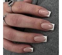 24 Short Square French Tip Stick-on Nails with Removable Adhesive - White Edge Full Cover Fake Nails - Women's Nail Art Accessories Set