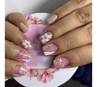 24 short squares with sleek white floral heart design artificial nails for a stylish finish