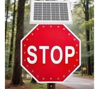 24" Solar Powered LED Blinking Stop Sign Reflective Traffic Warning Sign for Construction Sites Highways Roads(Flashing,30in)