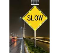 24" Solar Powered LED Flashing "SLOW" Pedestrian Crossing Sign Engineering Grade Reflective Rust-Resistant Aluminum Traffic Warning Sign For School Zones Roads