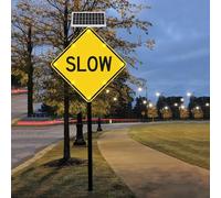 24" Solar Powered Slow Down Sign, LED Flashing Road Safety Light Sign | 24-inch solar-powered slow down sign with LED flashing safety light, designed for road use to enhance traffic visibility and