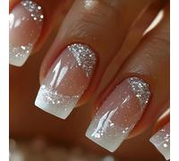 24 Sparkling Silver Glitter French Press On Nails - Medium Size Acrylic False Nails for Manicure, Complete with Jelly Stickers and Nail File
