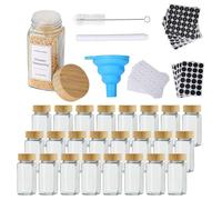 24 Spice Jars with Labels And Bamboo Lids, 120ml Glass Spice Containers with Shaker Lids Seasoning Jars Bottles with 180 Labels for Spice Rack Cabinet Drawer, 1 Pen, 1 Hose Brush, 1 Silicone Funnels