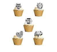 24 Stand Up Black & White Mother's Day Flower Words Edible Wafer Paper Cake Toppers Decorations