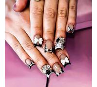 24 StüCk Kurze, Quadratische Press-On-NäGel Mit SchleifenanhäNgern, Schwarz-WeißEm Zebra-Print Und SüßEn Blumendesigns, Silbernen Stern-Strasssteinen, KüNstliche NäGel FüR Frauen