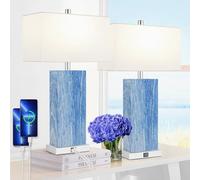 24” Tall Touch Control Table Lamps Set of 2, Blue Navy Lamps w/ USB& Type C Ports, Dimmable Coastal Bedside Nightstand Lamp White Shade, Large Lamps for Living Room End table Bedroom (Bulbs Included)