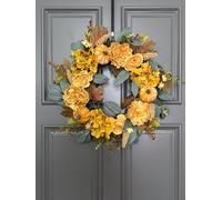 24" Thanksgiving Fall Wreath - Handmade With Orange Faux Pumpkin, Hydrangea, Peony, Camellia - Autumn Flowers Front Door Decor