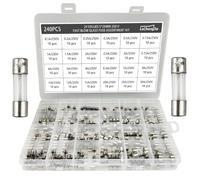24 Values 240 pcs Fast-Blow Glass Fuse Assortment Kit 5x20mm 250V 0.1/0.2/0.25/0.3/0.5/0.75/1/1.5/2/2.5/3/ 3.15/4/5/6/6.3/7/ 8/10/12/15/20/25/30A packag in a Clear Plastic Box