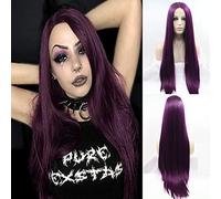 24" Violet Purple Soft Lace Front Wig Long Silky Straight Dark Purple Synthetic Wigs Natural Glueless Pure Purple Half Hand Tied Wigs Middle Parting 180% Density Heat Resistant All Season Hair…