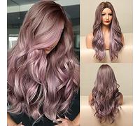 24" Wavy Wigs with Dark Brown Roots for Women, Long Ombre Purple Wigs Middle Part Synthetic Wig Heat Resistant Hair for Daily Party Cosplay