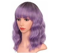 24 x 15 x 4cm / 9.4 x 5.9 x 1.6in Short Curly Wavy Wig for Women, Soft Full Head Wig with Air Bangs Breathable Small Curls Hair Headgear for Women Female (Purple)