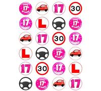 24 x 17th Birthday PINK Drivng Mix Edible Wafer or Icing Cupcake Toppers Fun Party Cake Decorations (Edible Wafer Card)