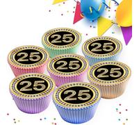 24 x 25TH BIRTHDAY AGE 25 25TH ANNIVERSARY BLACK & GOLD EDIBLE ICING 4.5 cms CUPCAKE TOPPERS DECORATIONS