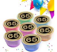24 x AGE 65 BIRTHDAY 65TH ANNIVERSARY BLACK & GOLD EDIBLE ICING 4.5 cms CUPCAKE TOPPERS DECORATIONS