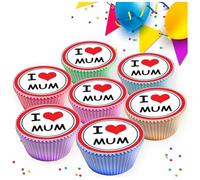24 x HAPPY MOTHERS DAY I HEART LOVE MUM EDIBLE ICING 4.5 cms CUPCAKE TOPPERS DECORATIONS V5-24