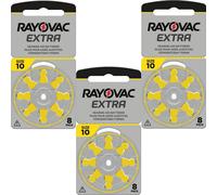 Rayovac Extra 10, 8 pieces, hearing aid batteries, high performance, zinc air batteries, 1 blister card, yellow - 10AUX-8XEMF