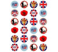 24 x VE Day 80th Anniversary Party Pack Edible Cupcake Toppers - Wafer Card or Icing - War Celebration Themed Party Decorations Perfect For Brownies Cookies Muffins & More! (Edible Wafer Card)