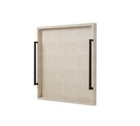 24"x24" Oversized Ottoman Tray with Black Handle for Living Room, Ivory Faux Shagreen Leather Extra Large Square Decorative Tray for Coffee Table Home Accent(Ivory-Black Handle, 24")