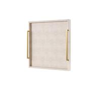 24"x24" Oversized Square Ottoman Tray for Living Room, Extra Large Ivory Shagreen Leather Decorative Tray for Coffee Table,Wooden Serving Trays for Dinner Party (Ivory -Gold Handle, 24")