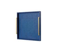 24"x24" Oversized Square Ottoman Tray for Living Room, Extra Large Navy Blue Shagreen Leather Decorative Tray for Coffee Table,Wooden Serving Trays for Dinner Party (navyblue-Gold Handle, 24")