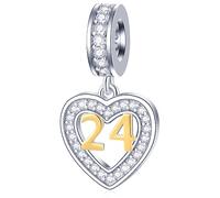 24 Years Old Birthday Charms fit Pandora Bracelet Necklace, 18K Gold Number 24 Dangle, 925 Sterling Silver 24th Anniversary Heart Pendant Beads with CZ, Gifts for Girlfriend/Engagement