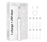 240 Days Battery Life Electric Toothbrush for Adults, 8 Replacement Brush Heads, Rechargeable Battery Toothbrush, 3 Modes, 2 Minute Timer, IPX7 Waterproof, Gift for Family, White