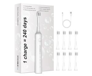240 Days Battery Life Electric Toothbrush for Adults, 8 Replacement Brush Heads, Rechargeable Battery Toothbrush, 3 Modes, 2 Minute Timer, IPX7 Waterproof, Gift for Family, White