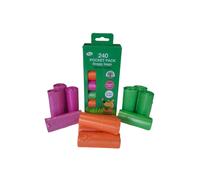 240 DOGGY BAGS WITH TIE HANDLES, POCKET PACK, RAINBOW COLOURS (12 rolls of 20 bags)