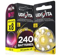240 Hearing Aid Batteries Size 10 Udivita (Yellow) PR70 Zinc-Air with Phono Pulse Technology - 30 Blisters of 8 Batteries