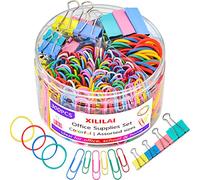 240 Pcs Binder Clips, Paper Clips, Rubber Bands, Paper Clamps - Muticolor Office Clips Set - 3 Sizes Binder Clips, 2 Sizes Paper Clips, 4 Colors Rubber Bands for Office, School Supplies (Multicolored)