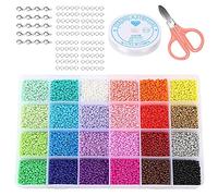 24000pcs Glass Seed Beads 3mm Mixed Colors Small Pony Beads Assorted Kit with Elastic String Cords Scissors and Accessories DIY Material for Bracelets Jewelry Making and Crafts