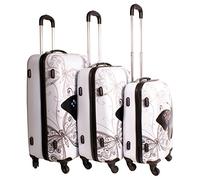 2408 Butterfly White Suitcase Multicolour Design Set of 3 Suitcases - Super Lightweight 4 Wheels - Funky Luggage Set - Hard Plastic