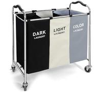 240L Laundry Basket 3 Compartments on Wheels, Laundry Basket Large Laundry Hamper Washing Basket with Removeable Laundry Bag & Lockable Wheels,Stainless Steel Frame for Home, Hotel Use