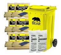 240L Spill Kits (240L, Chemical) UK Manufactured, Yellow, With 240L Wheeled Yellow Bin, 2x 30L Organic Flame Retardant Compound Granules, 6x30L Chemical Clip Top Kits