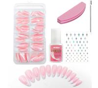 240pcs Pink Almond French Tip False Nails, Shiny White Edge Press on Nails, Nude Fake Nails for Girls Women DIY Nail Art, Short Almond Nails Kit 22