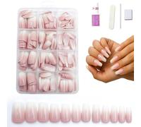 240Pcs Press-On Nails Kit with Tool - Long & Medium Square French Tip False Nails Glossy Nude Pink Gradient Coffin Fake 12 Sizes Full Cover Acrylic Stick- DIY Manicure Art (JBBL240)