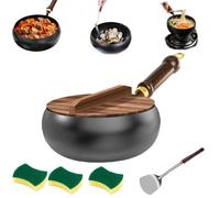 24cm/28cm Japanese Iron Pan with Wooden Lid, Hand-Forged Uncoated Non-Stick Iron Pan for Cooker Gas Stir Fry Pans (24cm)