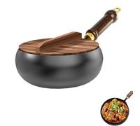 24cm/28cm Uncoated Iron Pan with Wooden Lid,Hand Forged Non-Stick Irons Pans,High-Heat Frying,Forged Big Belly Pot for Simmering and High-Heat Frying (24cm)