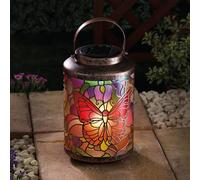 24cm Butterfly Solar Lantern - Stained Glass Effect Hand-Painted LED Light - Decorative Outdoor Hanging Garden Lantern - Bronze Metal Silhouette for Patio, Trees, Fences and Seating Areas
