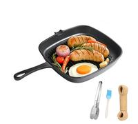 24cm Cast Iron Griddle Pan Square Grill Pan for Indoor Outdoor Cooking, All Hobs & Oven Safe Steak Skillet with Pour Spout, Natural Nonstick with Seasoning, Small Tong,Oil Brush, Hemp Rope Accessories