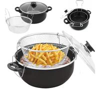 24cm Non Stick Chip Pan Deep Fat Fryer Pot With Basket & Glass Lid - Deep Frying Pan For Chips, Fish, Chicken & Vegetables Carbon Steel Fryer With Stay-Cool Handles - 2 Litre Capacity