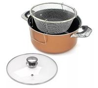 24cm Non Stick Deep Chip Pan Set with Basket 2 Chop Sticks & Glass Lid Deep Fat Fryer Kitchen Cooking Pot Copper