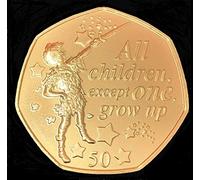 24ct Gold Plated 2019 Isle of Man Peter Pan"Standing with the Sword"BU 50p Coin in with Airtight Capsule Holder