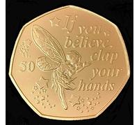 24ct Gold Plated 2019 Isle of Man Peter Pan"Tinkerbell" BU 50p Coin in with Airtight Capsule Holder