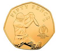 24ct Gold Plated 2019 Official ICC Cricket Cover Drive 50p UNC Fifty Pence with Capsule Holder in a Pouch Wallet