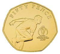 24ct Gold Plated 2019 Official ICC Cricket Delivery Stride 50p UNC Fifty Pence with Capsule Holder in a Pouch Wallet